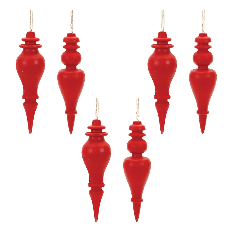 6" Red Wood Finial Drop Ornament Set