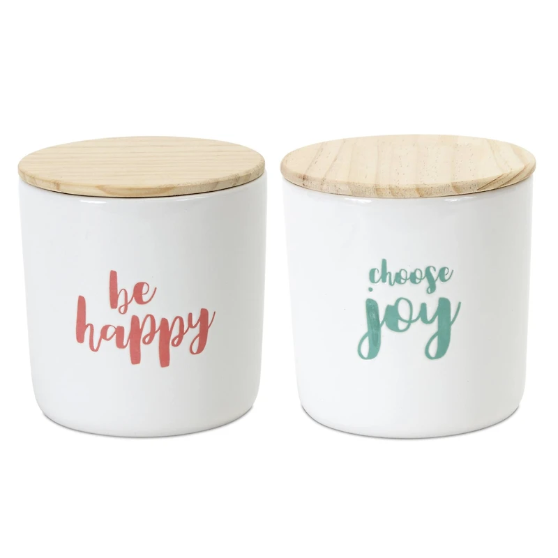 Happy Sentiment Stoneware Canisters with Wood Lids Set