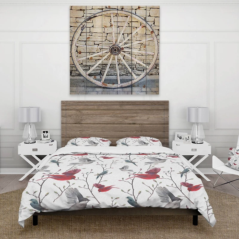 Designart 'Pattern with Birds' Farmhouse Bedding Set
