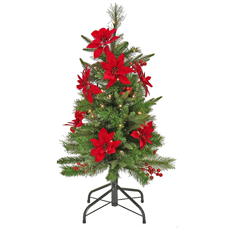 3ft. Pre-Lit Colonial Red Poinsettias Artificial Christmas Tree, Clear Lights