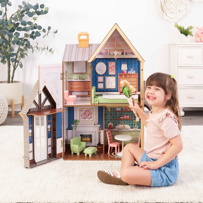 KidKraft Modern Charm Wooden Dollhouse with Open & Close Front & 7 Accessories