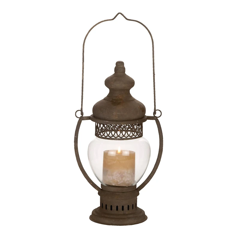 14" Brown Iron Rustic Candle Holder Lantern