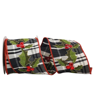 JAM Paper 4" x 5yd. Wired Plaid Holly & Plaid Ribbon