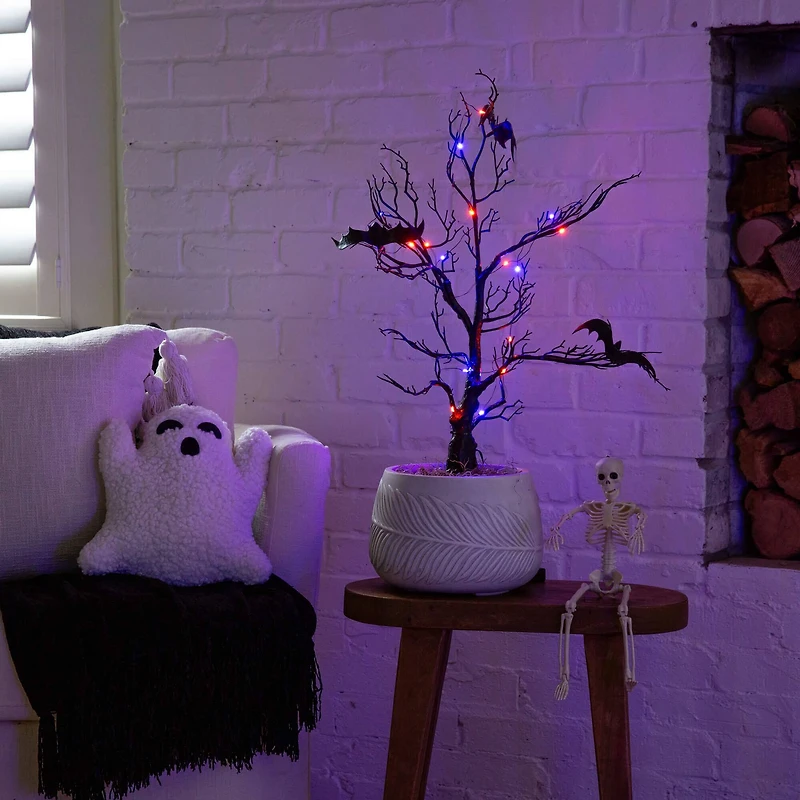 2ft. Pre-Lit Artificial Halloween Black Spooky Twig Tree with Bats and 40 Orange & Purple LED Lights