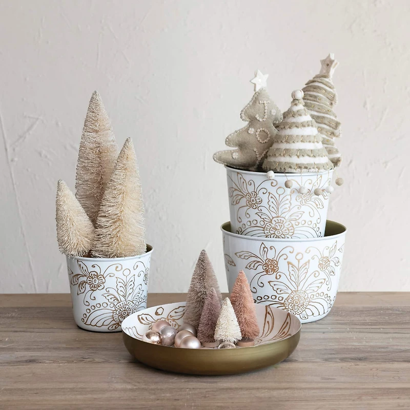 Hello Honey® White & Gold Finish Enameled Metal Planters Set with Floral Design