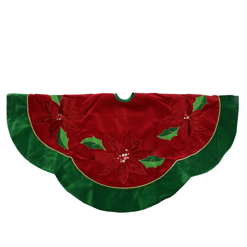 48" Red Sequined Poinsettia & Velveteen Trim Tree Skirt