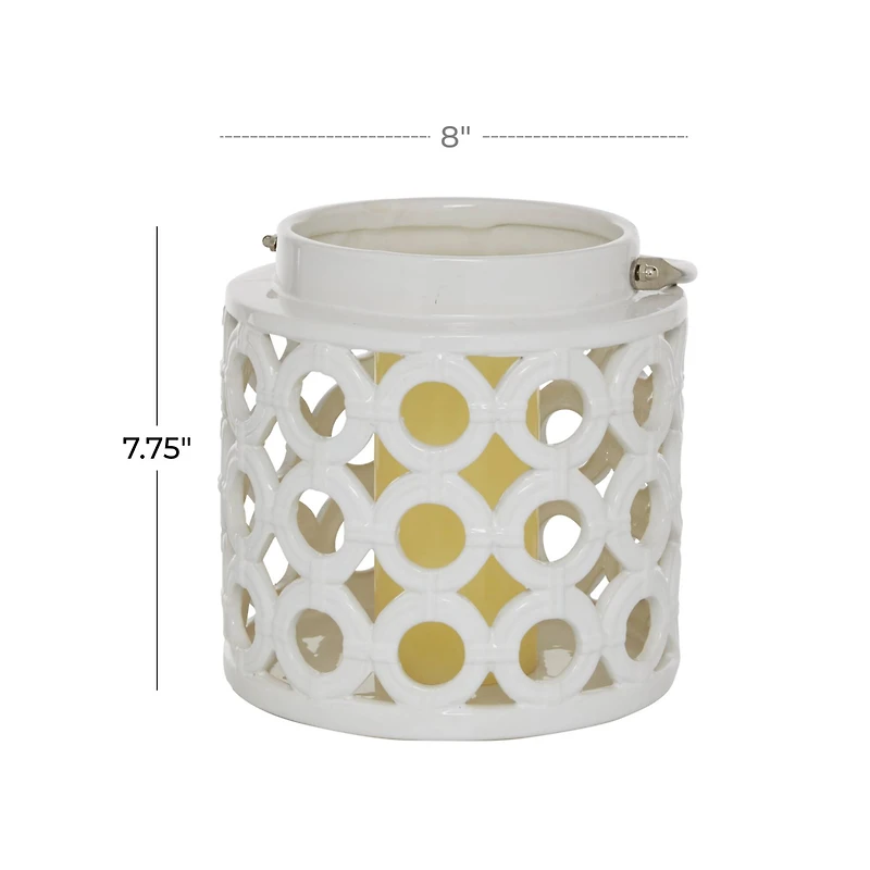 White Ceramic Contemporary Candle Holder Lantern, 8" x 8" x 9"