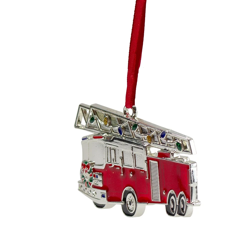 Silver Plated Fire Truck Crystal Embellished Ornament