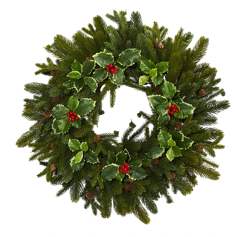 22" Pinecone & Holly Leaf Artificial Wreath