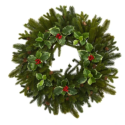 22" Pinecone & Holly Leaf Artificial Wreath