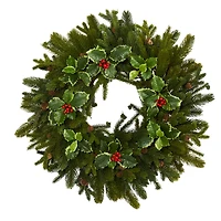22" Pinecone & Holly Leaf Artificial Wreath