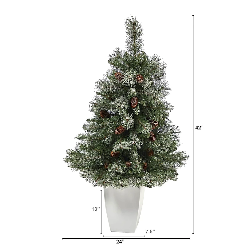 3.5ft. Unlit Snowed French Alps Mountain Pine Artificial Christmas Tree with Pinecones in Metal Planter