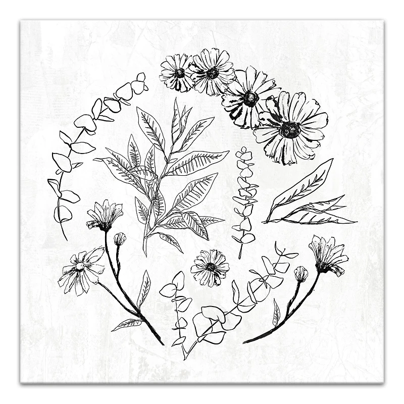 Hand Drawn Flowers and Leaves 16" x 16" Canvas Wall Art