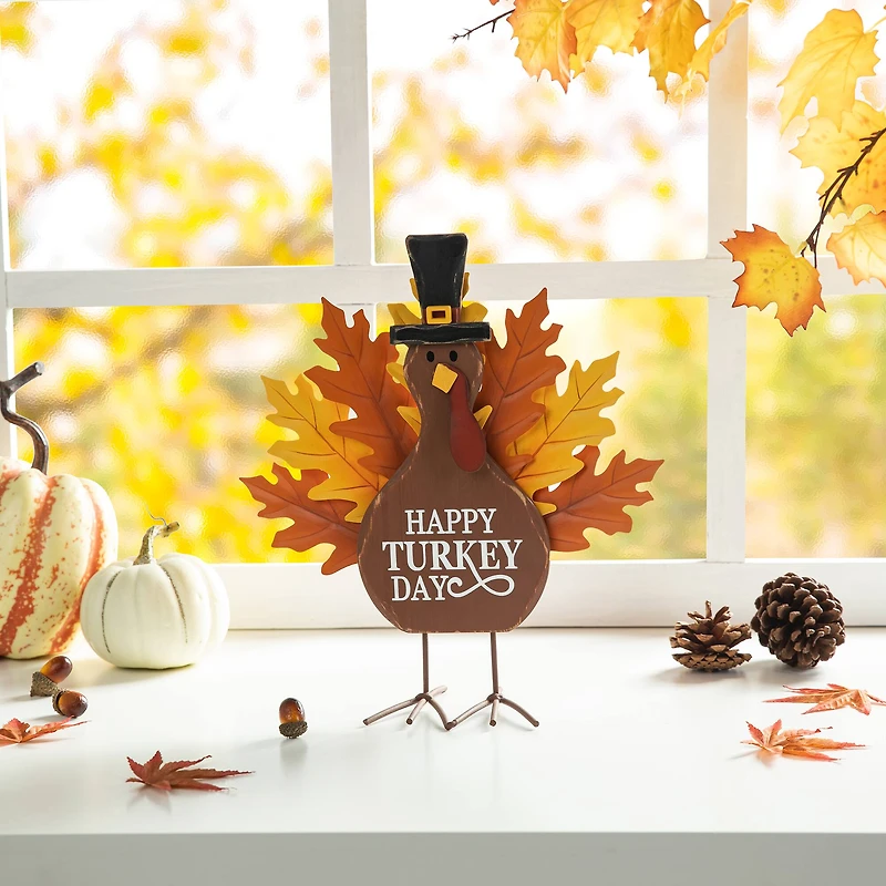Glitzhome® 12.25" Thanksgiving Wood & Metal Turkey Table Décor