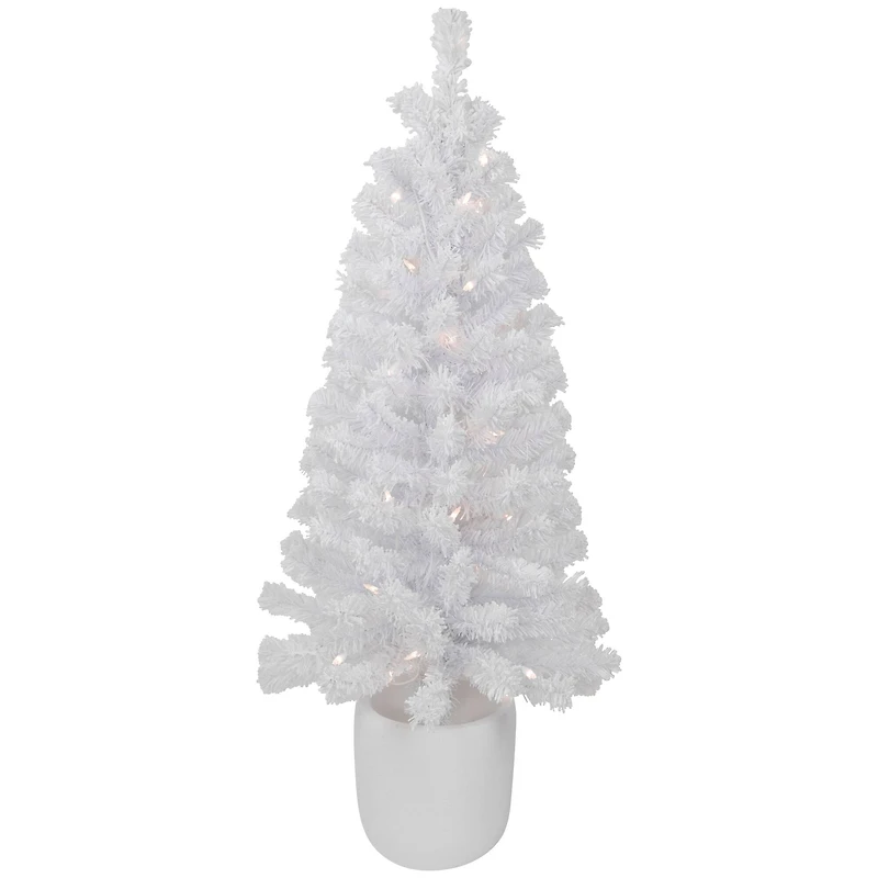 3.5ft. Pre-Lit Flocked White Winter Pine Tinsel Artificial Potted Christmas Tree, Clear Lights