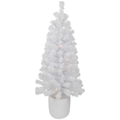 3.5ft. Pre-Lit Flocked White Winter Pine Tinsel Artificial Potted Christmas Tree, Clear Lights