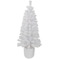 3.5ft. Pre-Lit Flocked White Winter Pine Tinsel Artificial Potted Christmas Tree, Clear Lights
