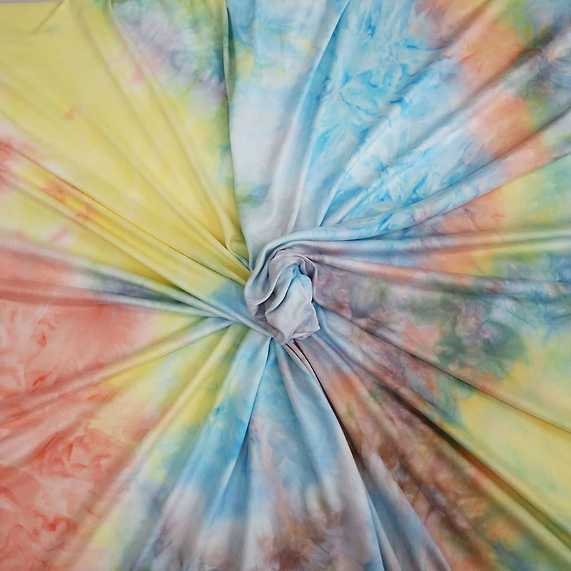 Fabric Merchants Yellow, Peach, Gray & Blue Tie Dye Double Brushed 4-Way Stretch Fabric