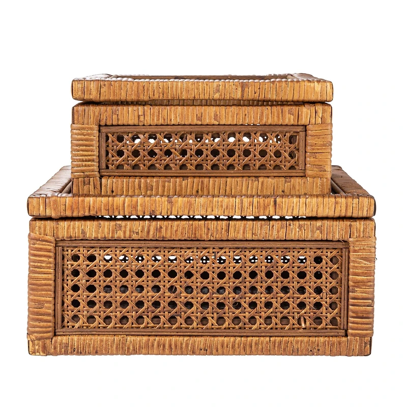 Hello Honey® Dark Brown Modern Decorative Square Woven Rattan & Wood Display Box Set with Glass Top