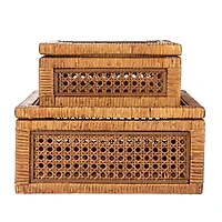 Hello Honey® Dark Brown Modern Decorative Square Woven Rattan & Wood Display Box Set with Glass Top