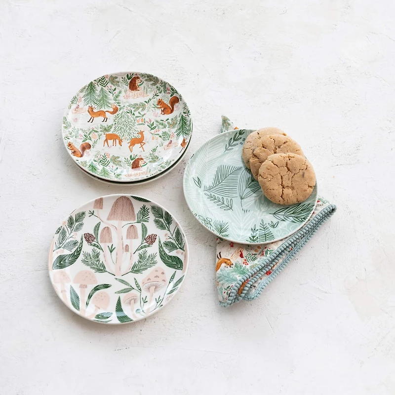 Hello Honey® 8" Woodland Flora & Fauna Round Stoneware Plate Set