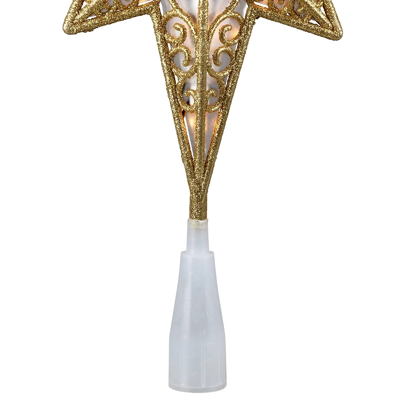 Lighted Frosted Clear and Gold Scroll Star of Bethlehem Christmas Tree Topper - 11" - Clear Lights