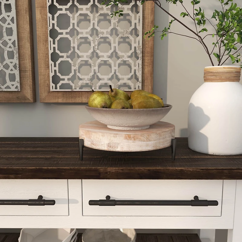 13" Cream Mango Wood Tray with Black Metal Leg