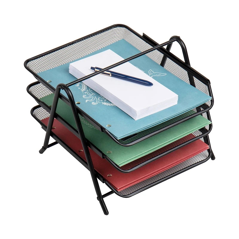 Mind Reader Network Collection Black Metal Mesh 3-Tier Paper Tray