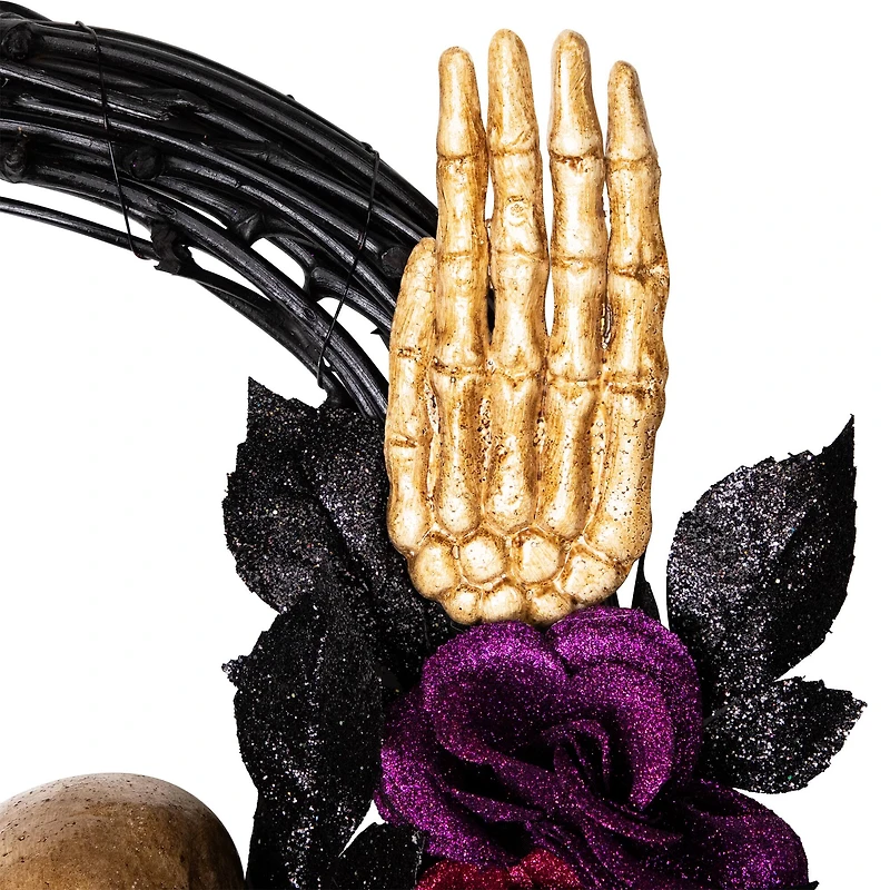 22" Skull with Hands & Purple Roses Halloween Twig Wreath