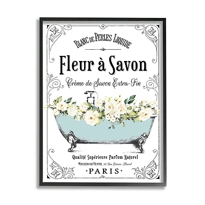 Stupell Industries Vintage Parisian Bathroom Advertisement Floral Blue Tub Framed Wall Art