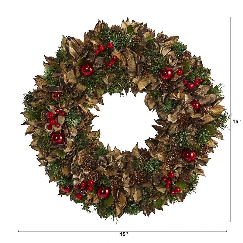 15in. Holiday Wreath with Pine Cones & Ornaments