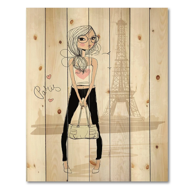 Designart - Cute Girl By The Tour Eiffel In Paris - Children's Art Print on Natural Pine Wood