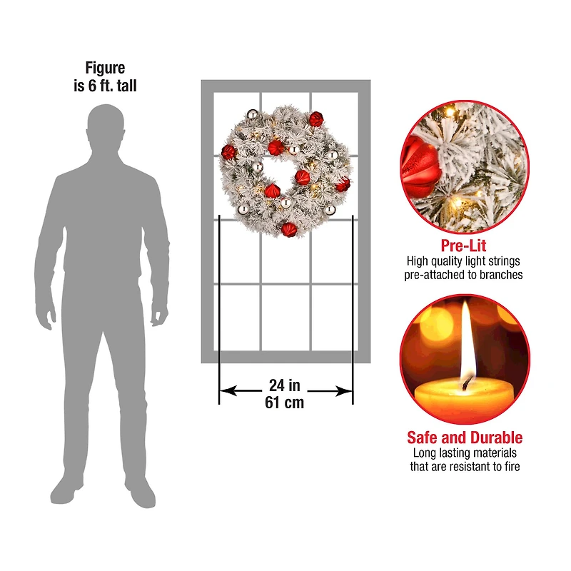 24" Snowy Bristle Pine Wreaths with Red & Silver Ornaments & Warm White LED Lights