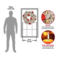 24" Snowy Bristle Pine Wreaths with Red & Silver Ornaments & Warm White LED Lights