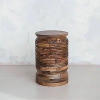 Hello Honey® Natural Round Mango Wood Carved Line Stool Table