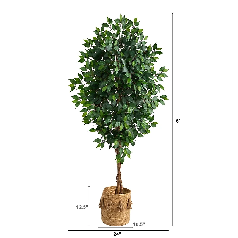 6ft. Ficus Artificial Tree with Natural Trunk in Handmade Natural Jute Planter with Tassels