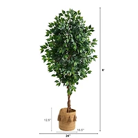 6ft. Ficus Artificial Tree with Natural Trunk in Handmade Natural Jute Planter with Tassels