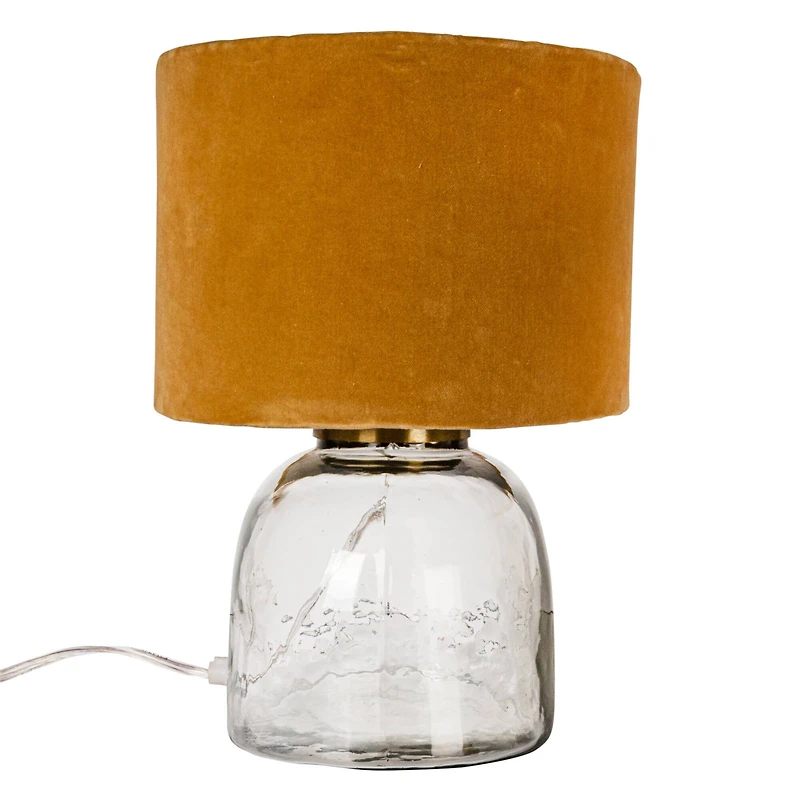 Hello Honey® 14" Modern Table Lamp with Glass Base & Mustard Yellow Velvet Shade