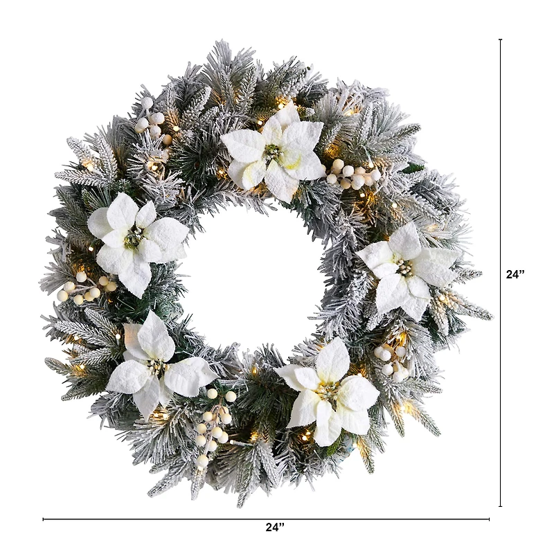 24" White LED Lights Flocked Poinsettia & Pine Artificial Christmas Wreath