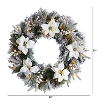 24" White LED Lights Flocked Poinsettia & Pine Artificial Christmas Wreath