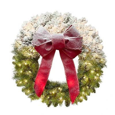 30" Pre-Lit Half Flocked Ribboned Wreath