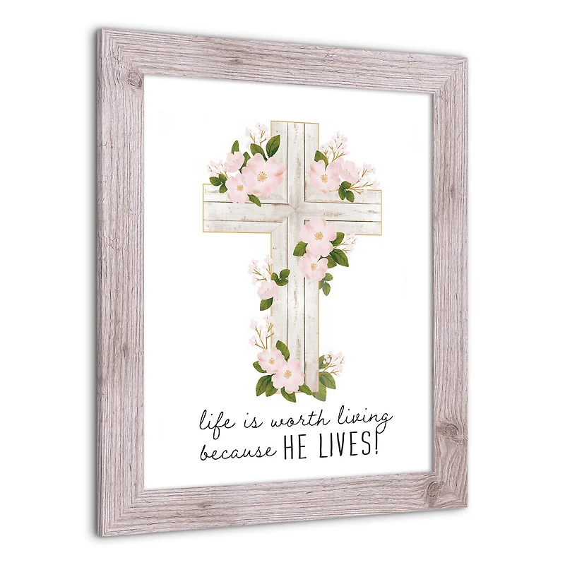 He Lives Floral Cross 16" x 20" Western White Framed Print
