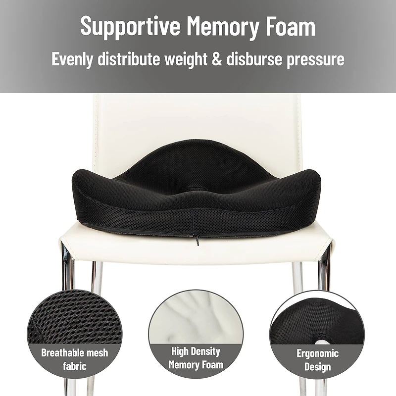 Mind Reader Donut Pillow with Air-Cloud Technology, Ergonomic Memory Foam Seat Cushion for Tailbone, Hemorrhoid, Pregnancy & Lower Back Pain Relief, Washable Cover, Black