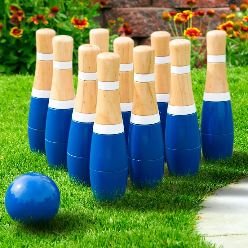 Toy Time Blue Indoor & Outdoor Wooden Bowling Game Set