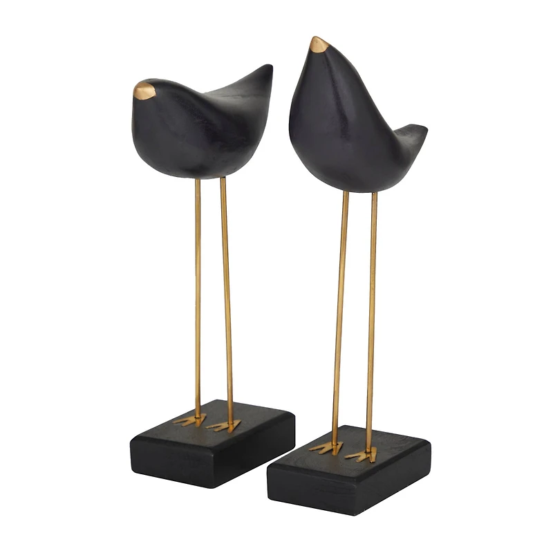 Black Wood Traditional Bird Sculpture, Set of 2" 13", 11"