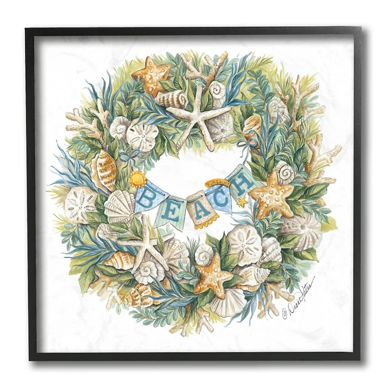 Stupell Industries Beach Seashell Wreath Wall Art in Black Frame