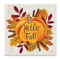 Stupell Industries Hello Fall Sentiment Orange Pumpkin Autumn Tree Leaves,12" x 12"