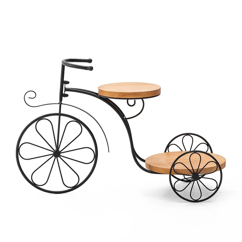 Glitzhome® 24" Black Metal Tricycle Planter Stand with Solid Wood Tray