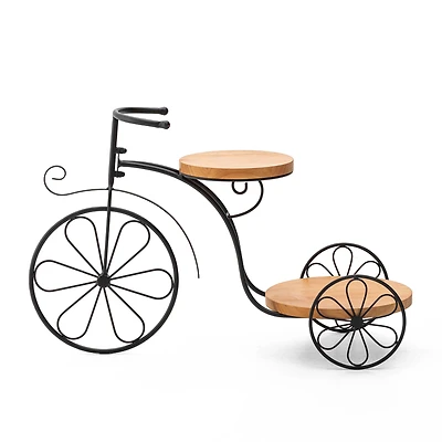 Glitzhome® 24" Black Metal Tricycle Planter Stand with Solid Wood Tray