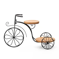 Glitzhome® 24" Black Metal Tricycle Planter Stand with Solid Wood Tray
